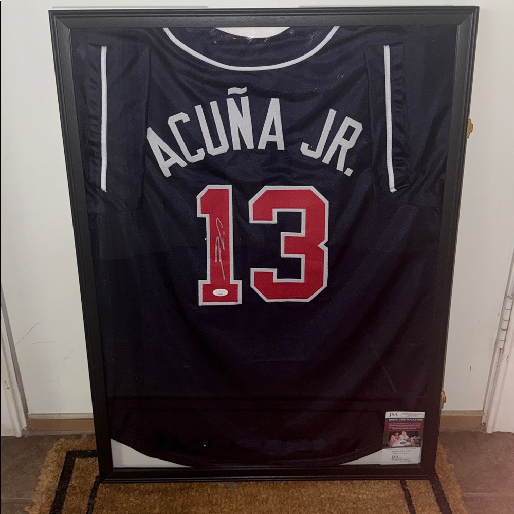 Framed Autographed/Signed Ronald Acuna Jr. Atlanta Blue Jersey with JSA COA
